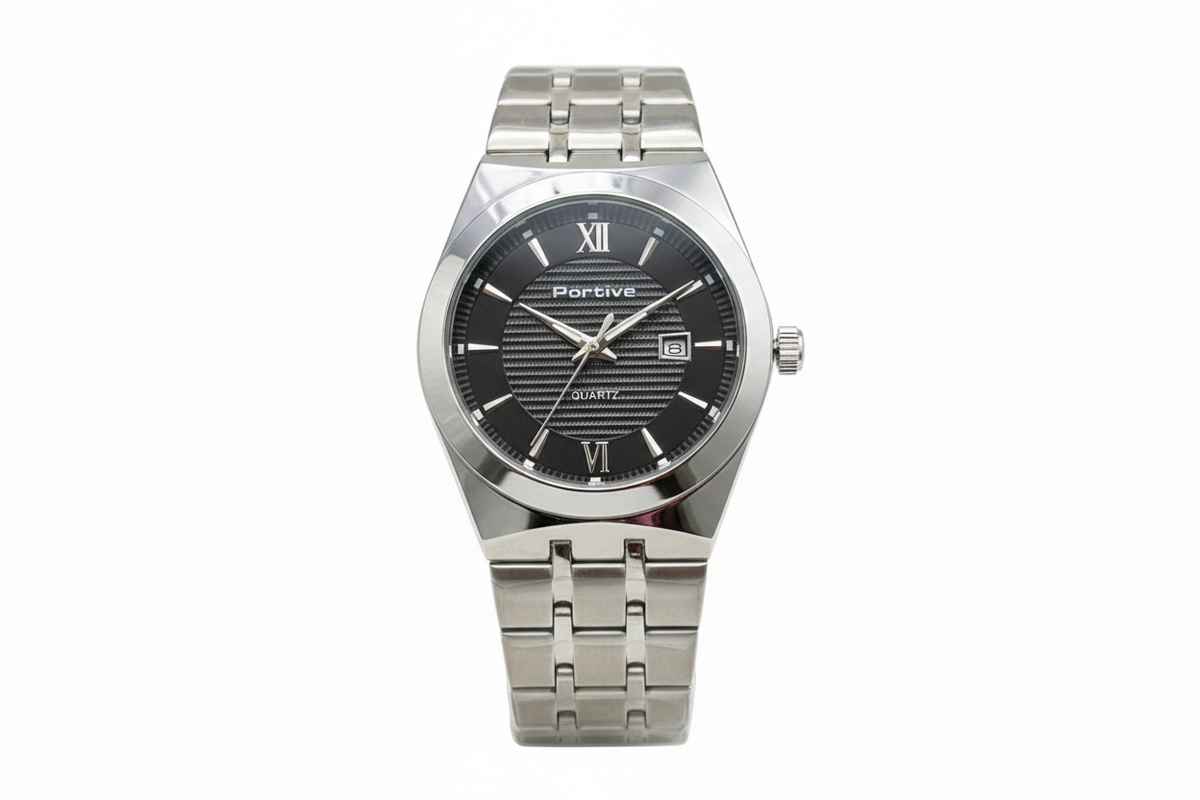 PORTIVE Luxury Mens Round Dial Stainless Steel Chain Watch With Date Display