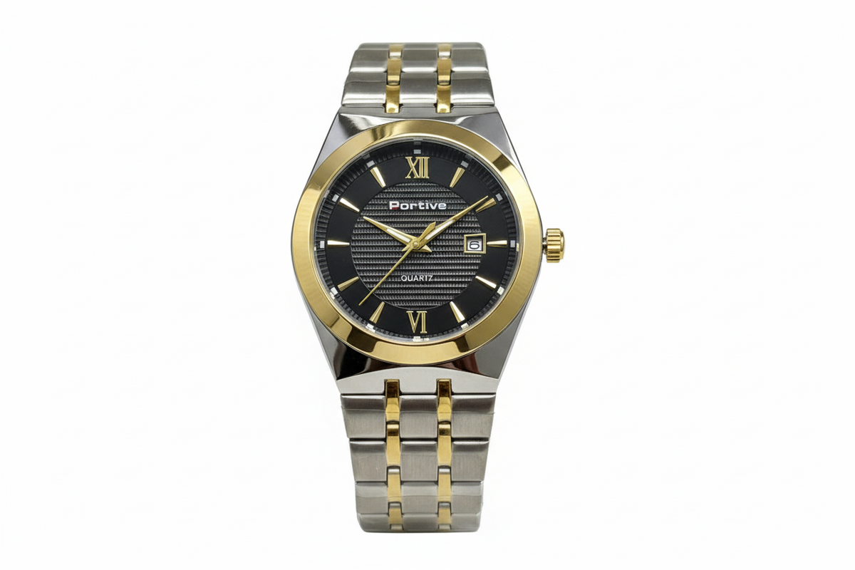 PORTIVE Luxury Mens Round Dial Stainless Steel Chain Watch With Date Display