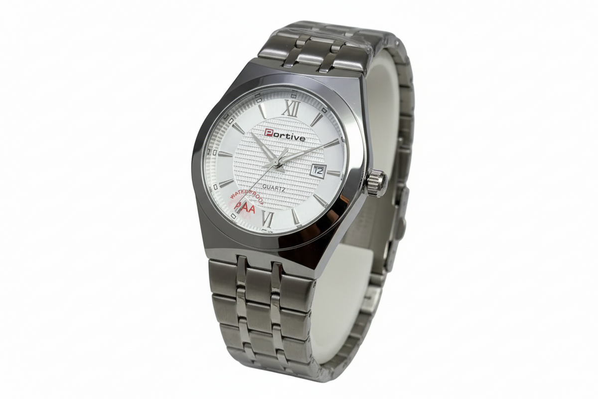 PORTIVE Luxury Mens Round Dial Stainless Steel Chain Watch With Date Display