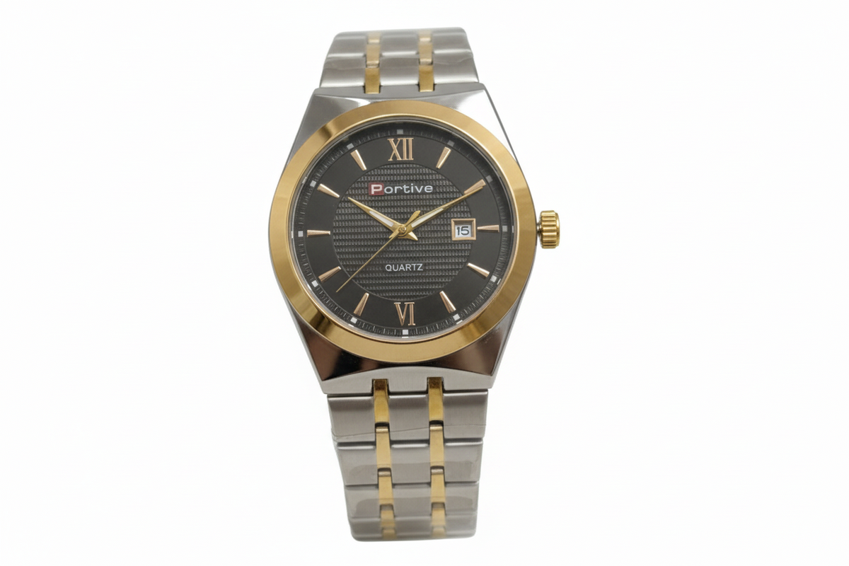 PORTIVE Luxury Mens Round Dial Stainless Steel Chain Watch With Date Display