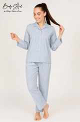 Body Girl Blue & White Pinstripe Linen Pajama Set – Classic Comfort Nightwear for Women Bodygirl  