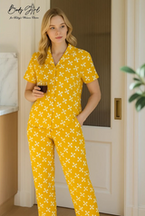Body Girl Yellow Floral Geometric Linen Pajama Set – Bright & Playful Women’s Nightwear Bodygirl  