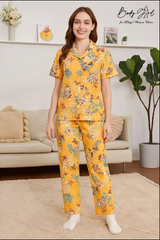 Body Girl Mustard Floral Linen Pajama Set – Elegant, Soft & Cozy Women’s Nightwear Bodygirl  