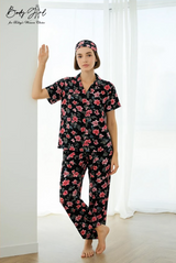 Body Girl Black & Pink Floral Linen Pajama Set with Headband – Elegant Nightwear for Women Bodygirl  
