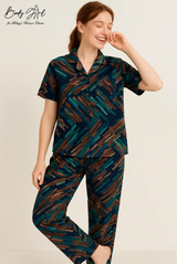 Body Girl Premium Teal & Brown Geometric Linen Pajama Set – Bold, Modern & Comfortable Women’s Nightwear Bodygirl  