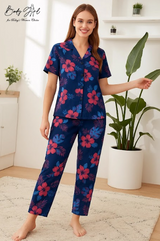Body Girl Navy Tropical Floral Linen Pajama Set – Elegant & Breezy Women’s Nightwear Bodygirl  