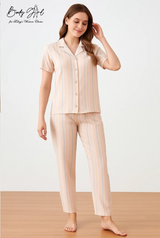 Body Girl Peach Nude Striped Linen Pajama Set – Elegant, Minimal & Ultra-Comfortable Nightwear for Women Bodygirl  
