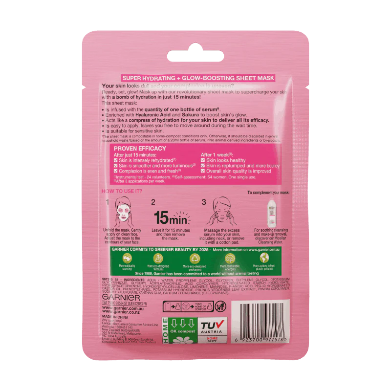 Garnier Skin Active Hydra Bomb Sakura Tissue Face Mask, Hydrating And Glow Boosting 28G