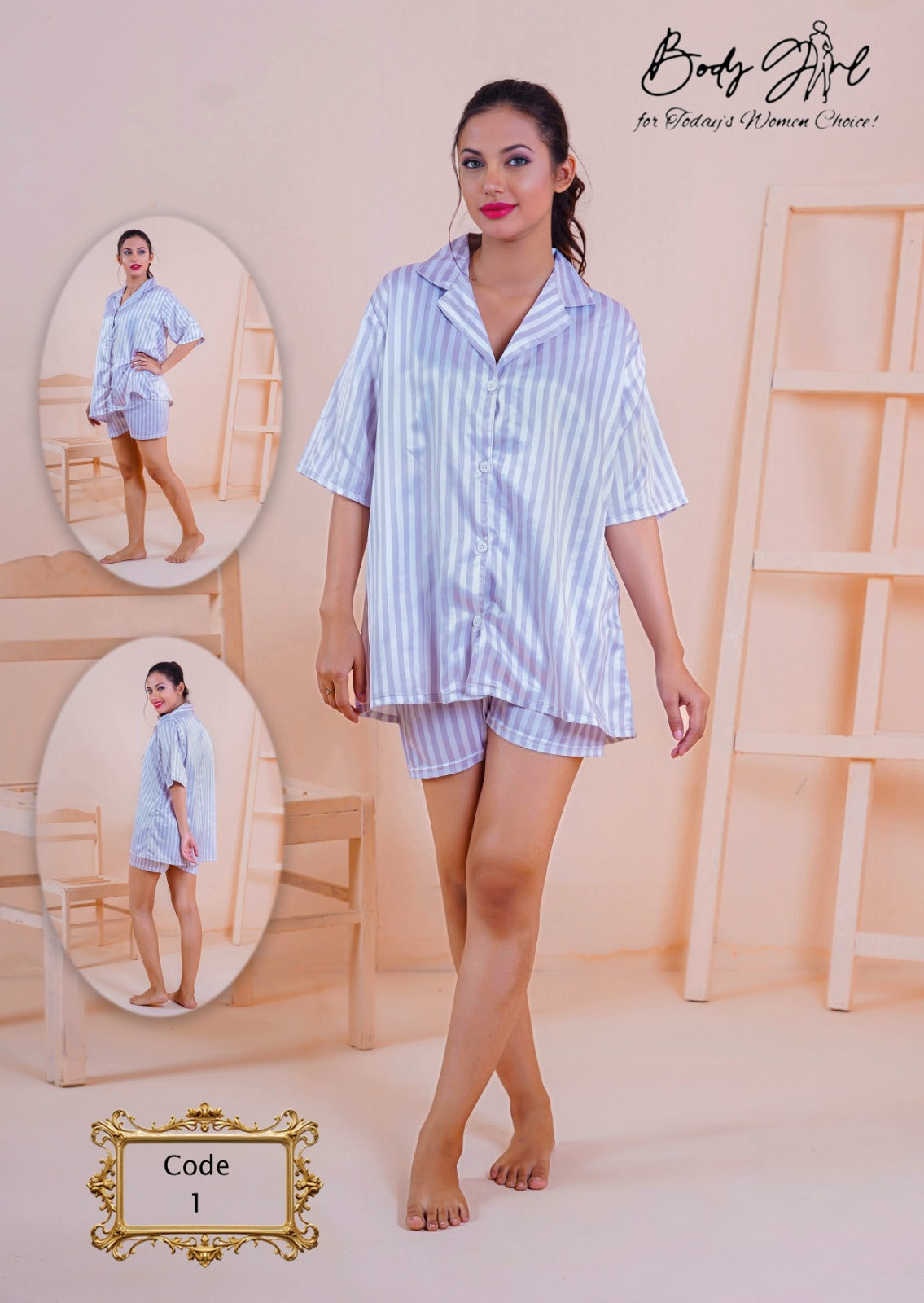 Body Girl Print Pajama Set, Short Sleeve Buttons Top & Elastic Waistband Shorts, Women's Sleepwear & Loungewear