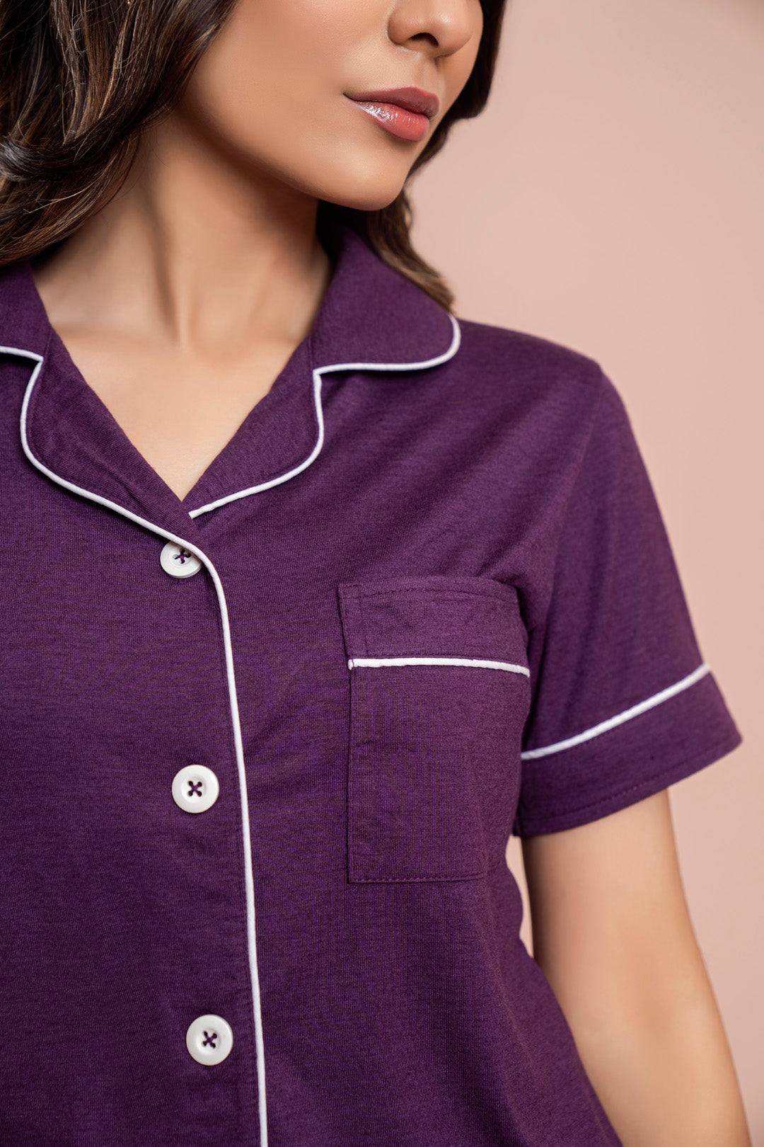 PV Plain With Contrast Piping Pajama Suit -PJS003