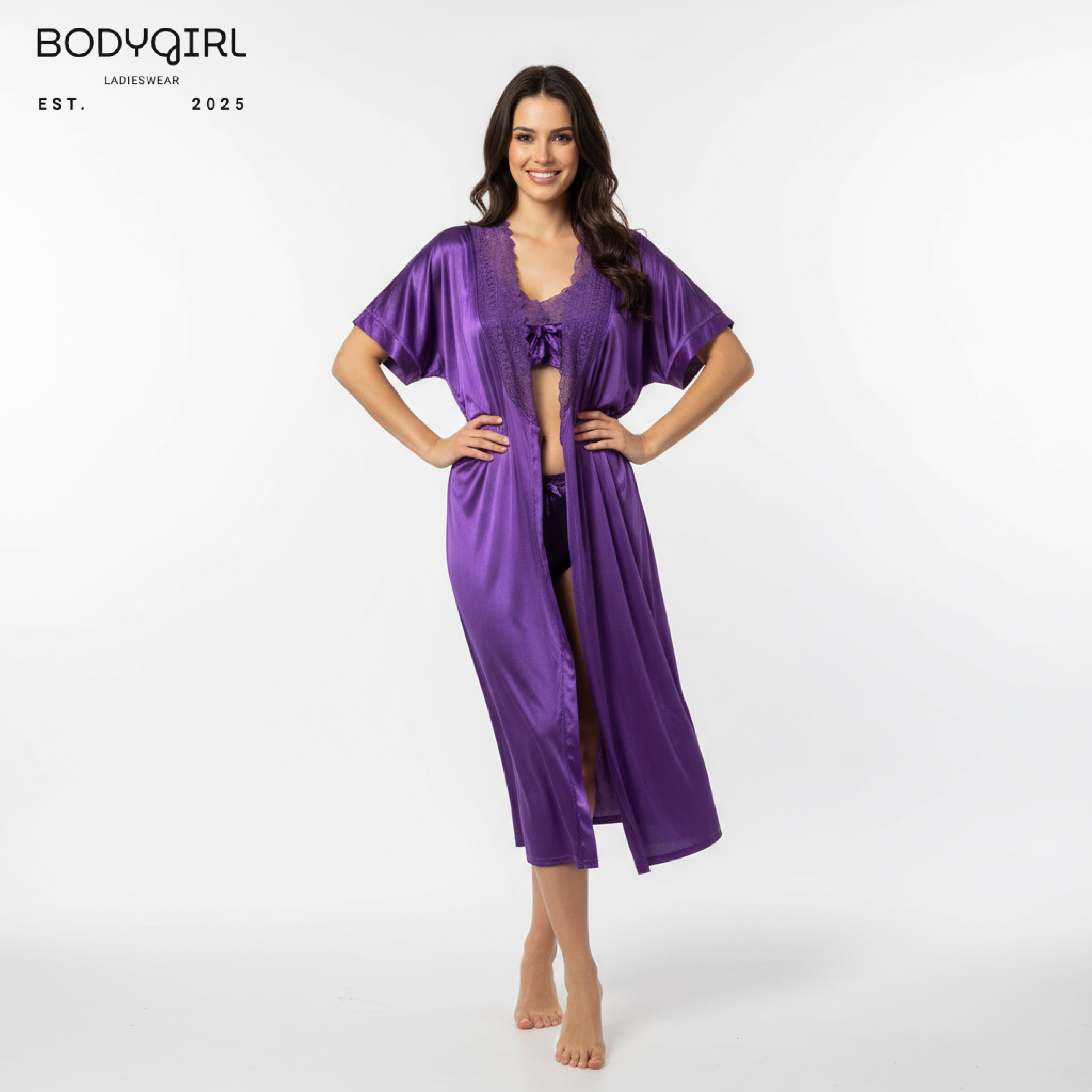 Luxury Satin Long Nighty With Lace Robe – Bridal & Premium Ladies Sleepwear Gown