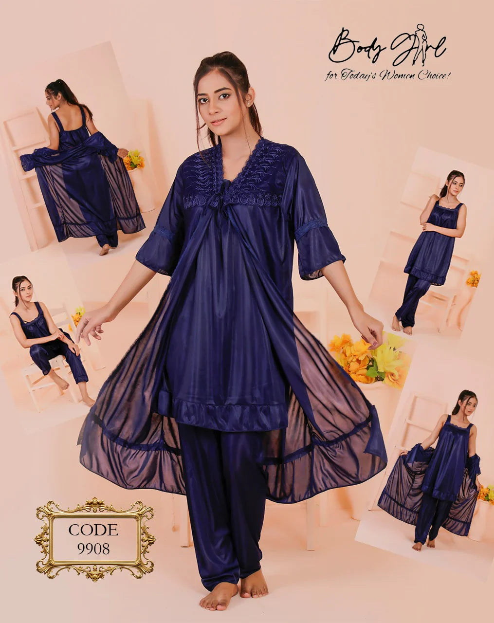 Body Girl 3-Pieces Long Gown Nightwear For Girls & Women Free Size