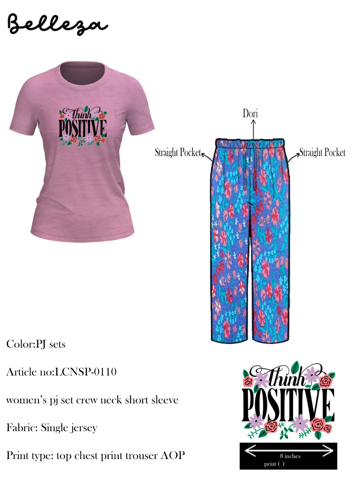 Belleza Crew Neck C/Jersey Pajama Set  0110-Multi
