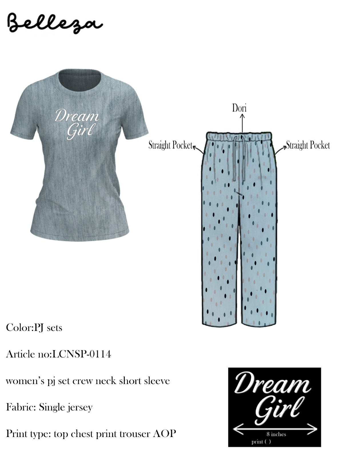 Belleza Crew Neck C/Jersey Pajama Set  0114-Multi