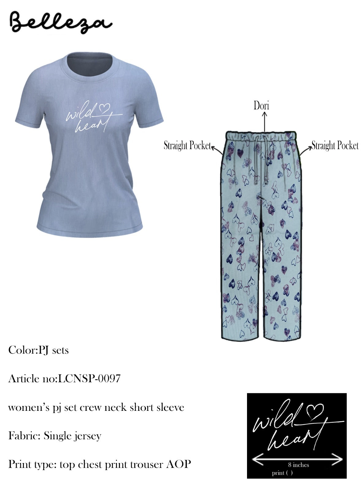 Belleza Crew Neck C/Jersey Pajama Set  0097 Multi