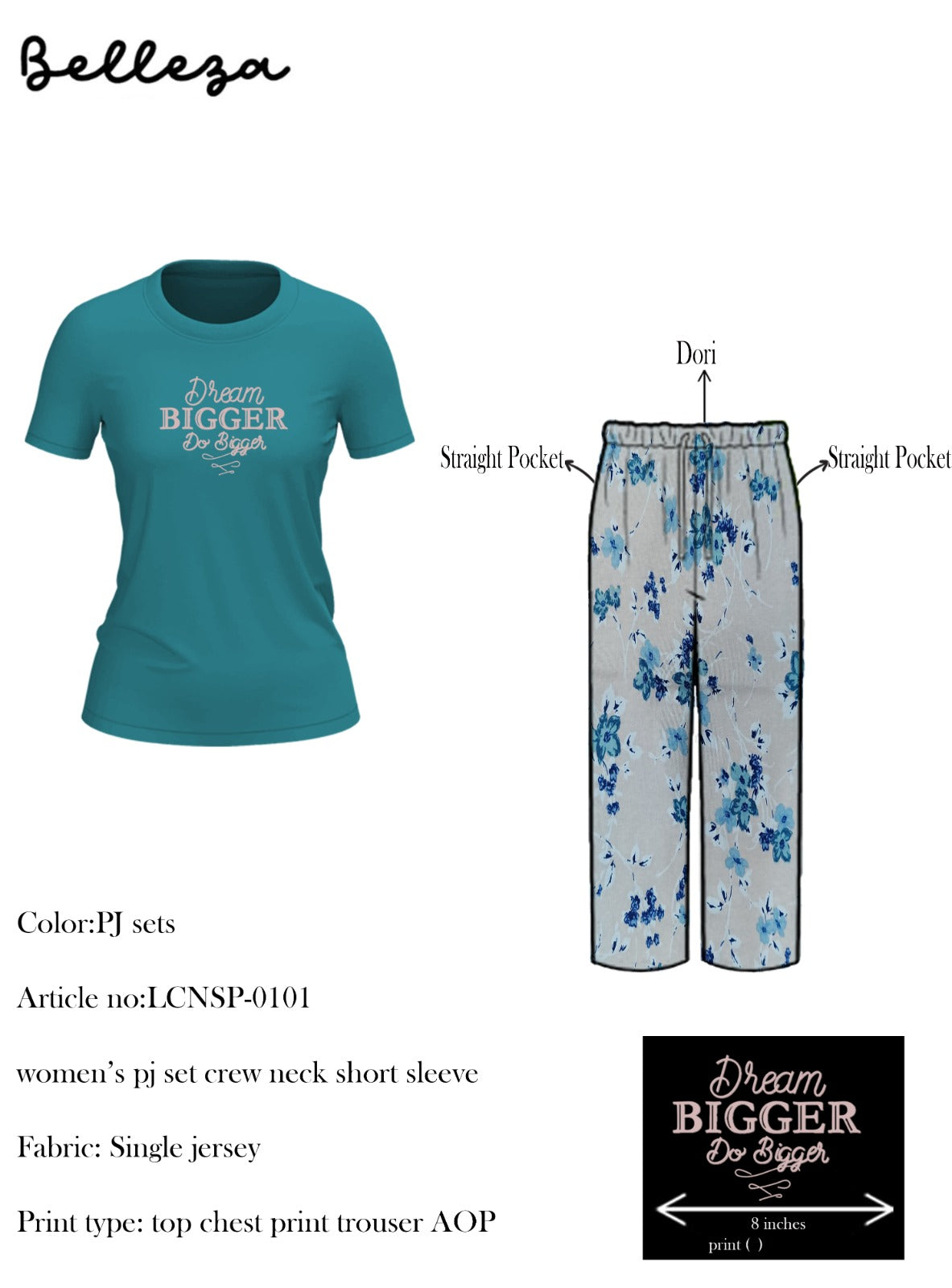 Belleza Crew Neck C/Jersey Pajama Set  0101-Multi