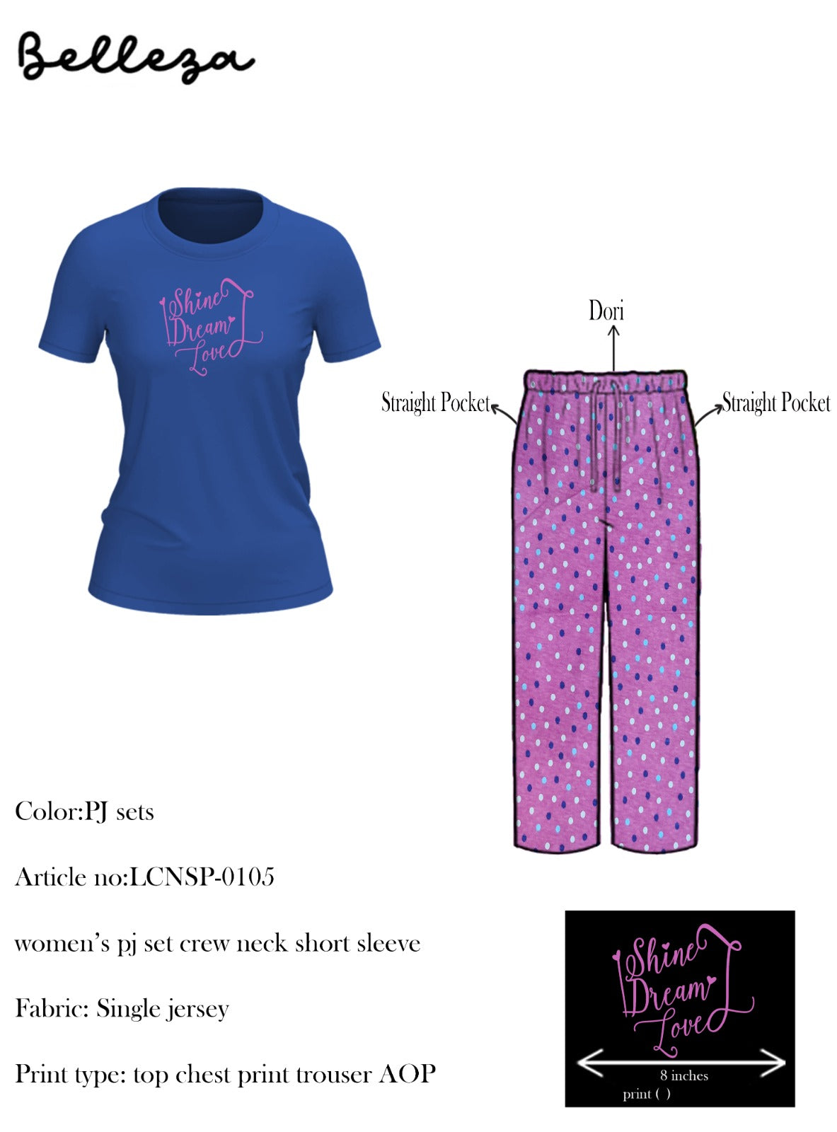 Belleza Crew Neck C/Jersey Pajama Set  0105-Multi