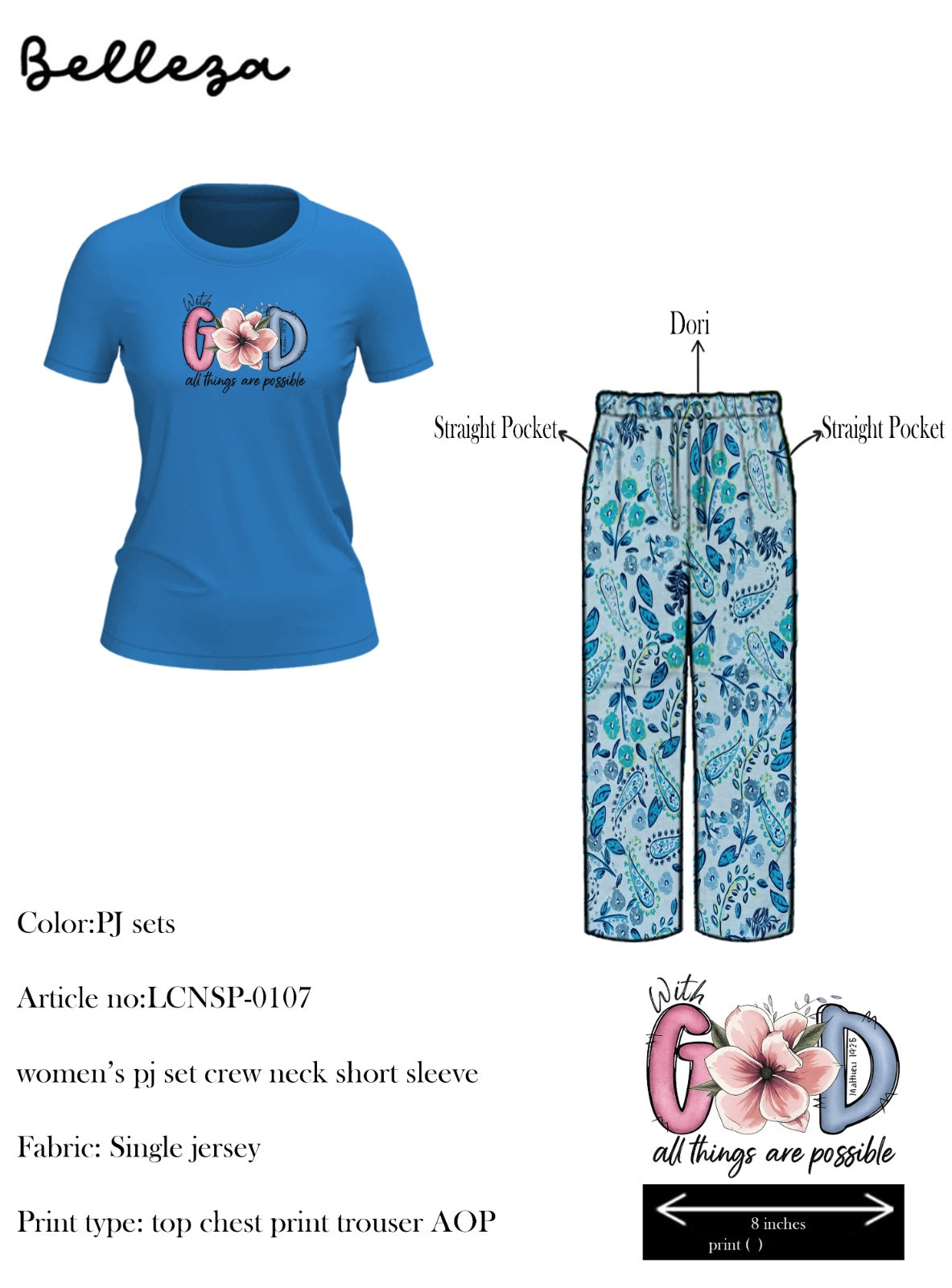 Belleza Crew Neck C/Jersey Pajama Set  0107-Multi