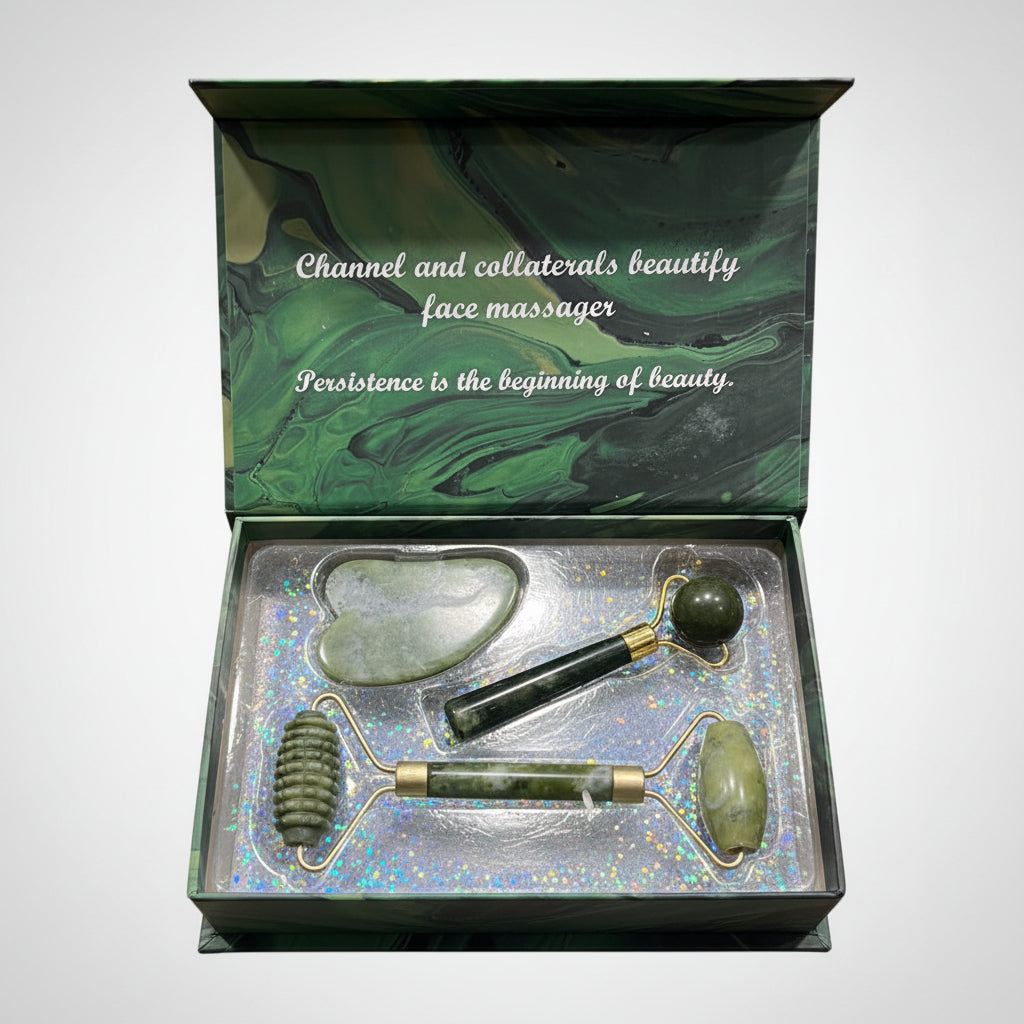 3-in-1 Green Jade Facial Roller, Ridged Roller & Gua Sha Set.