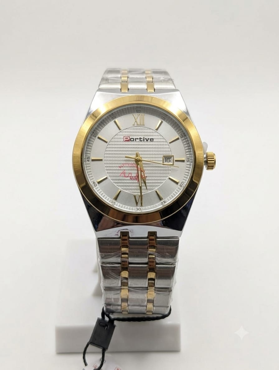 PORTIVE Luxury Mens Round Dial Stainless Steel Chain Watch With Date Display