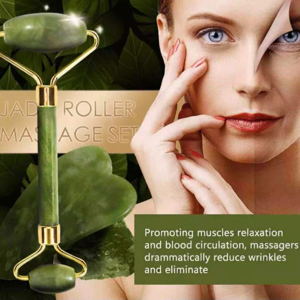 3-in-1 Green Jade Facial Roller, Ridged Roller & Gua Sha Set.
