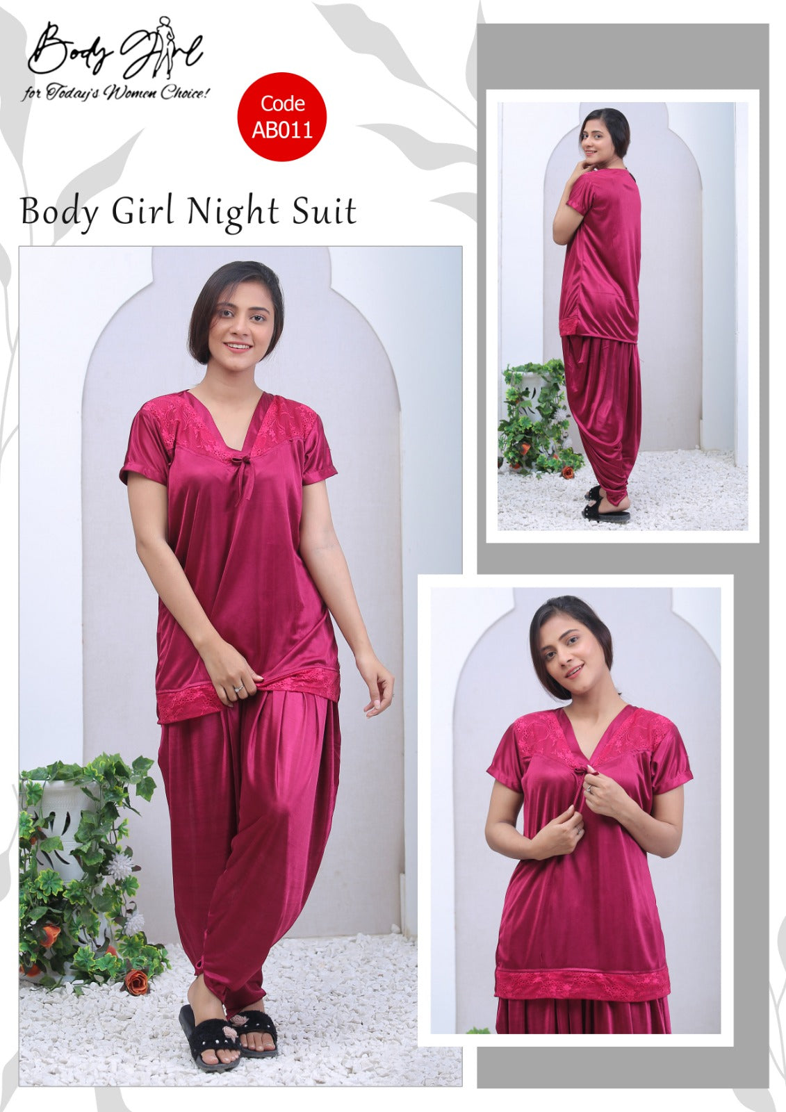Body Girl 2-Pieces Half Sleeves & V-Neck Patiyala Nightwear Free Size