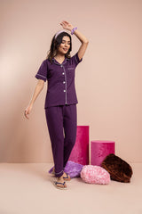 PV Plain With Contrast Piping Pajama Suit -PJS003 Belleza Lingerie  